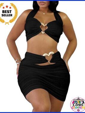 Women's Sexy 2 Piece Skirt Set Halter Crop Top Bodycon Mini Skirt Clubwear